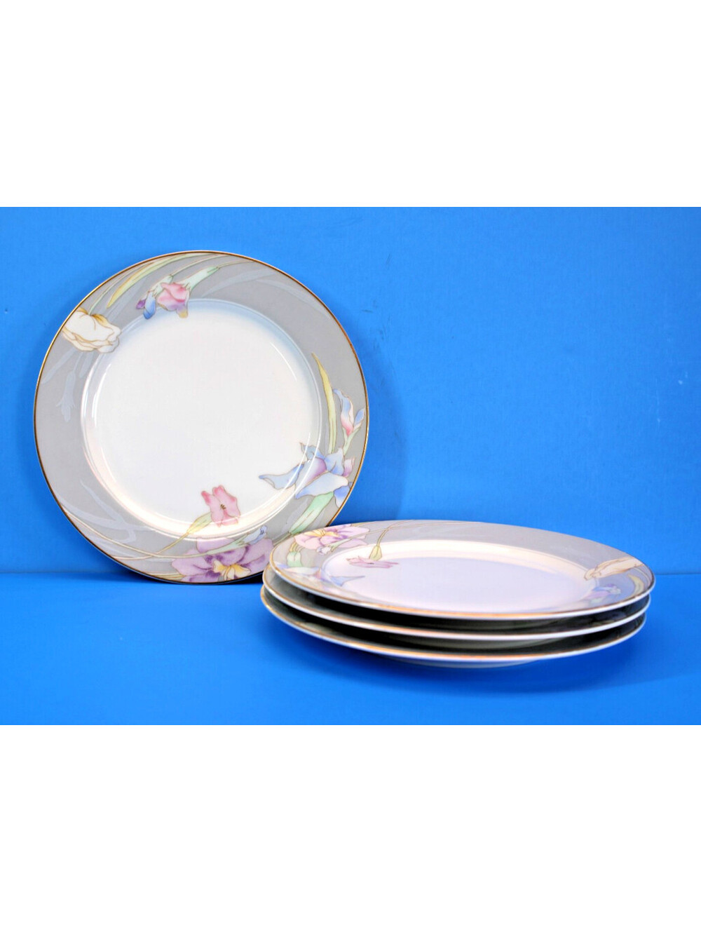 Vtg Round 10.5" Dinner Plate Mikasa Charisma Gray L9049 Gold Trim Japan x4